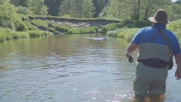 Vola pescatore utilizzando canna da pesca a mosca in bel fiume hd — Video Stock