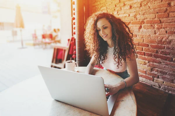 Curly female freelancer working on laptop in cafe — Stock Photo, Image