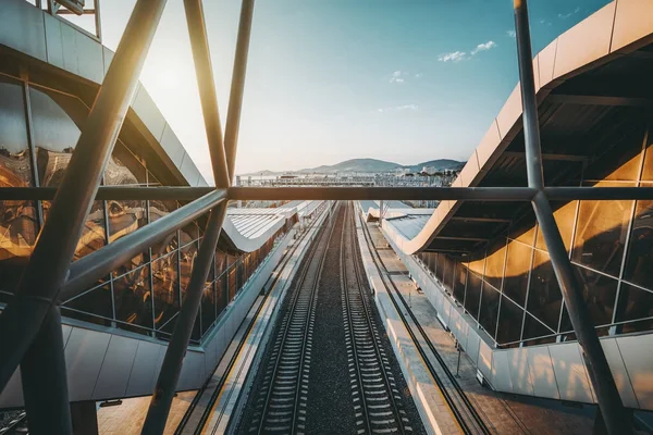 Railroad station on sunny evening — Stock Photo, Image