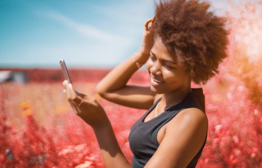 Siyah kız cam onun Smartphone kullanarak saç sabitleme