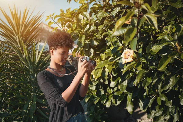 アフロ ・流行に敏感な女性の庭でビンテージ フィルム カメラを使用して — ストック写真