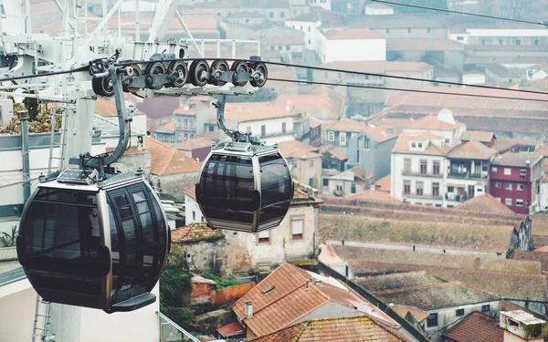 Two trolleys of ropeway with cityscape behind — Stock Photo, Image