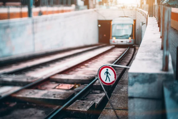 Tram coming from underground tunnel — Stock Photo, Image