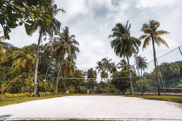 Quadra de vôlei em resort tropical cercado por palmeiras — Fotografia de Stock