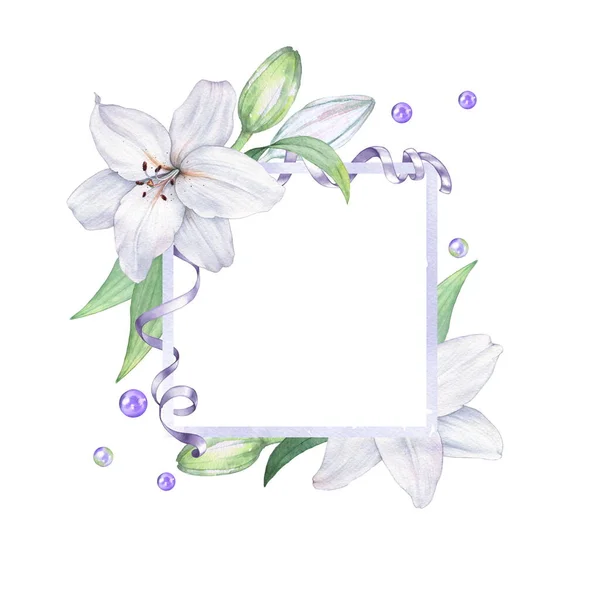 Frame of white lilies 2. Watercolor illustration. Hand drawing. Decorative item suitable for Wallpaper, wrapping paper and backgrounds, postcards and wedding invitations — Stock Photo, Image