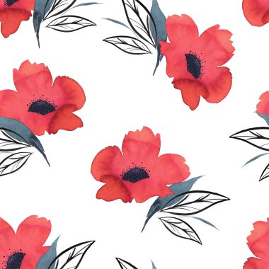 Kırmızı gelincikler ve yapraklar ile suluboya soyut ve pürüzsüz arka plan, el yapımı arka plan. Çiçek deseni. Beyazda izole edilmiş