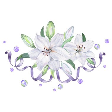 Beyaz zambak 3. Beyaz çiçeklerin bileşimi. Suluboya çizimi. Düğün davetiyeleri, posterler, kartvizitler için ideal