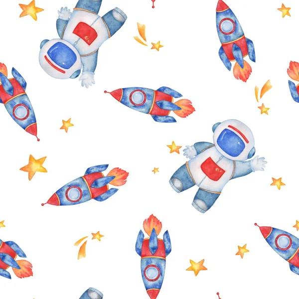 Space sky and cosmonaut 5. Watercolor illustration, freehand drawing. Seamless background