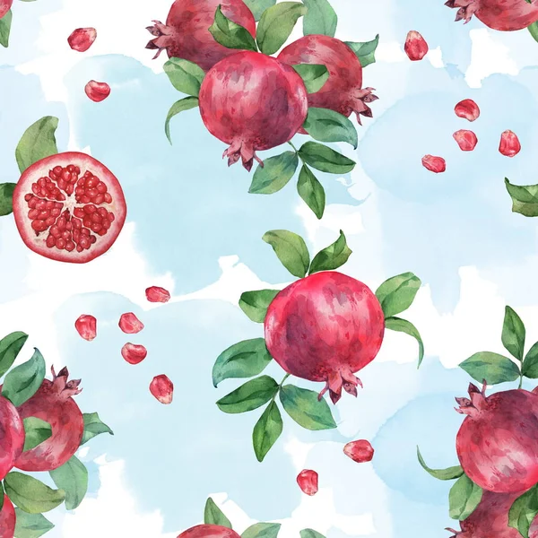 Nahtloses Muster von Granatapfelfrüchten auf aquarelliertem Hintergrund 2. Aquarellmalerei — Stockfoto