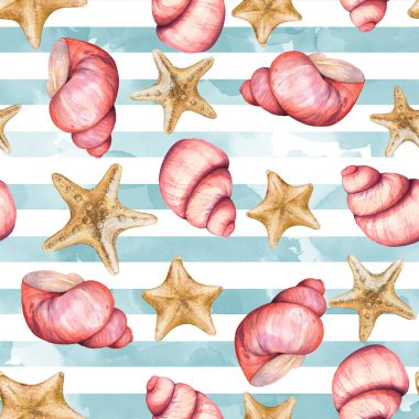 Marine pattern with shells 11. Seamless pattern. Watercolor illustration. Handmade drawing.