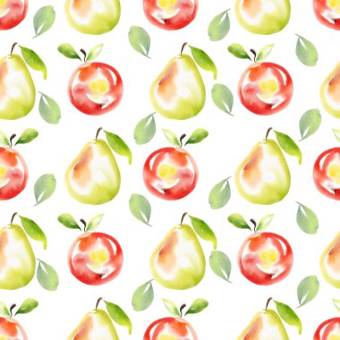 Meyvesiz şablon 6. Elma ve armut suluboya. Beyazda izole edilmiş.