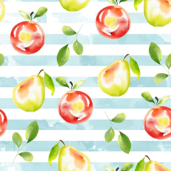 Frugt sømløse mønster. Akvarel æbler og pærer. På en akvarel baggrund - Stock-foto