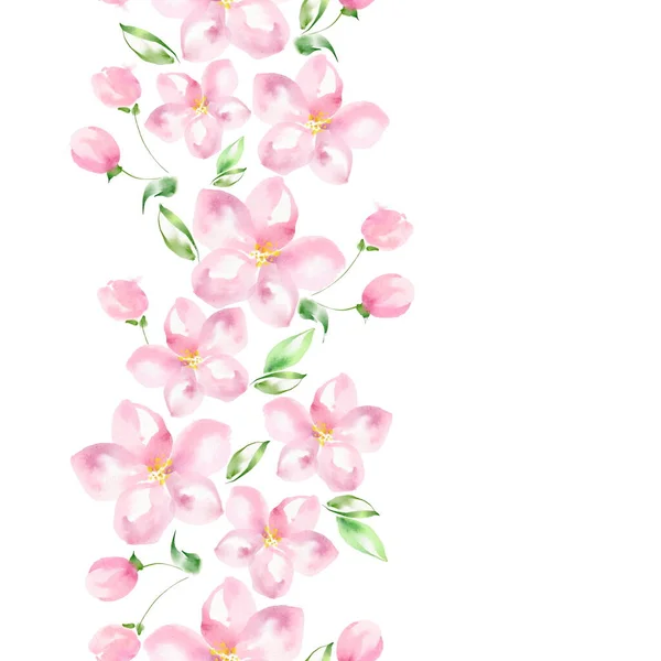 Apple tree in bloom. Seamless border. Watercolor flowers. — Stock Photo, Image
