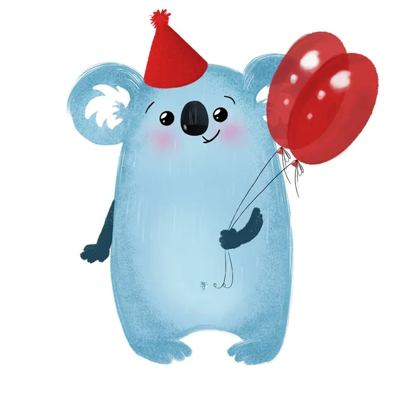 Leuke Koala met rode ballonnen. Kinderillustratie is geschikt voor het maken van wenskaarten, uitnodigingen. geïsoleerd op wit — Stockfoto