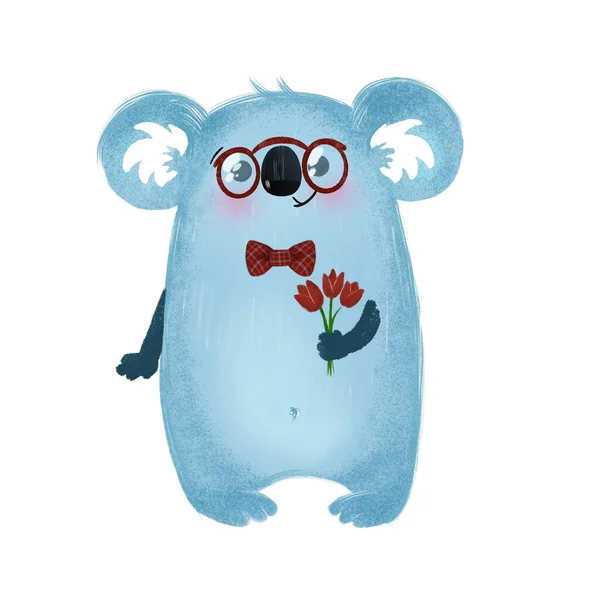 Koala met een boeket bloemen. Kinderillustratie is geschikt voor het maken van wenskaarten, uitnodigingen. geïsoleerd op wit — Stockfoto