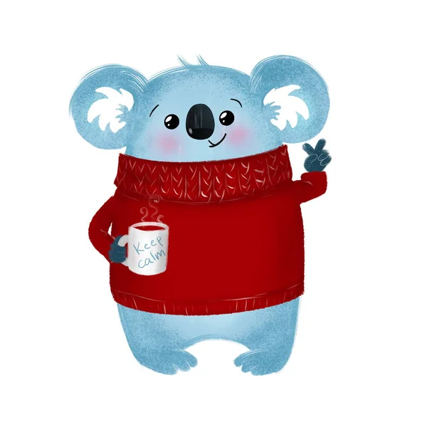 Koala in een gebreide trui en met een mok. Blijf kalm. Kinderillustratie is geschikt voor het maken van wenskaarten, uitnodigingen. geïsoleerd op wit — Stockfoto