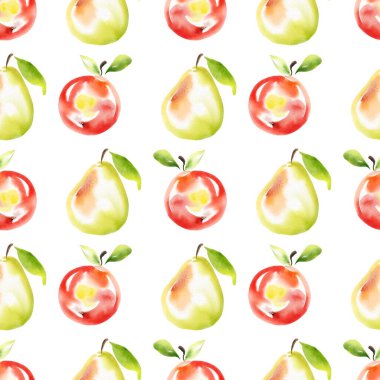 Meyvesiz şablon 5. Elma ve armut suluboya. Beyazda izole edilmiş.