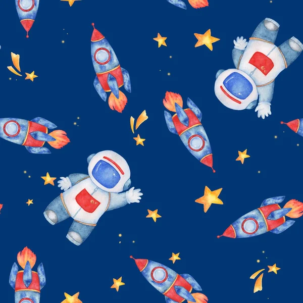 Space sky and cosmonaut 6. Watercolor illustration, freehand drawing. Seamless background