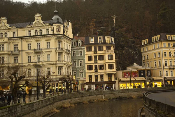 Karlovy Vary República Checa Janeiro 2019 Vista Edifícios Históricos Karlovy — Fotografia de Stock