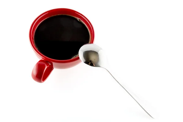 Czerwona Filiżanka Kawy Metalową Łyżeczką Białym Tle — Zdjęcie stockowe