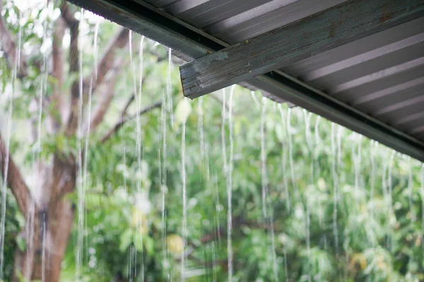 Rain drops fast dipping from zinc roof — Stock Photo, Image