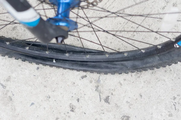 Bicycle wheel with flat tyre on the concrete road.