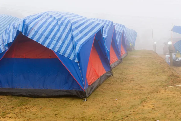 Travel tent in the morning with fog