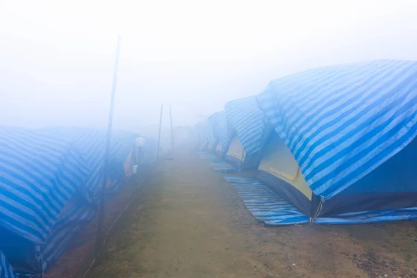 Travel tent in the morning with fog