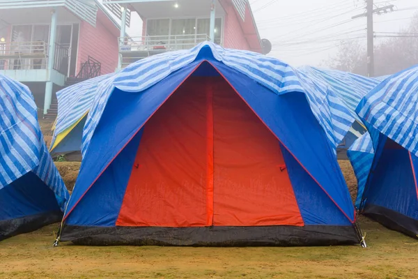 Travel tent in the morning with fog