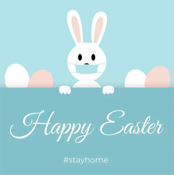 Mutlu Paskalyalar. Evde kal. Tıbbi maskeli koronavirüs tavşanı. Covid-19 tavşanı. CORONAVIRUS EASTER RABBIT. Mavi arkaplanda izole edilmiş Paskalya tavşanı.