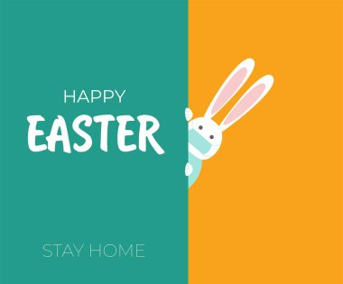 Tıbbi maskeli koronavirüs tavşanı. CORONAVIRUS EASTER RABBIT. Mavi arka planda paskalya yumurtası olan Paskalya tavşanı. Covid-19 tavşanı.