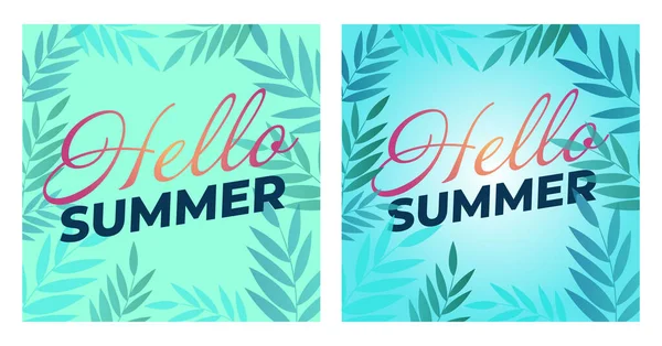 Bonjour affiche des vacances d'été. Modèle de voyage affiche, illustration vectorielle. Affiche de vacances avec feuille de palmier et lettrage bonjour été. Heure d'été fond — Image vectorielle
