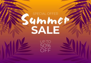 Pankartlar, duvar kağıtları, el ilanları, davetiyeler, posterler, broşürler, kupon indirimi için yaz indirimi planı. Vektör illüstrasyon şablonu.