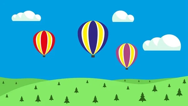 Πολύχρωμα αερόστατα θερμού αέρα που πετούν πάνω από το βουνό. Εικόνες ταξιδιών, σχεδιασμός καλοκαιρινών διακοπών, τουρισμού και αντικειμένων ταξιδιού. Διαφημιστικά banners, marketing και προωθητικό υλικό, πρότυπα παρουσίασης — Διανυσματικό Αρχείο