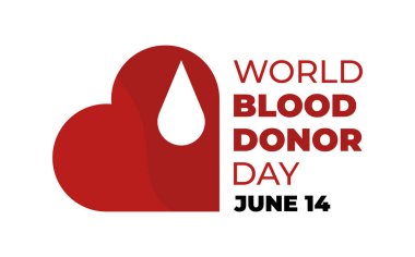 Dünya kan bağışı günü illüstrasyonu. Damlası, tarihi ve tipografik kompozisyonu olan stilize kalp. Kan bağışı sembolü.