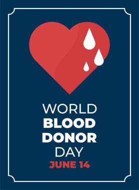 Dünya kan bağışı günü. Koyu arkaplanda kırmızı kalp resmi olan amblem. 14 Haziran 'da sağlık raporu. Vektör illüstrasyonu.