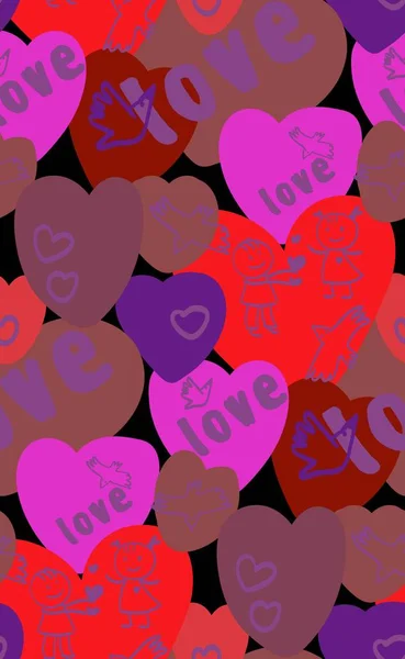 Fond sans couture de cœurs, drôle de Saint-Valentin, oiseaux, texte amour — Image vectorielle