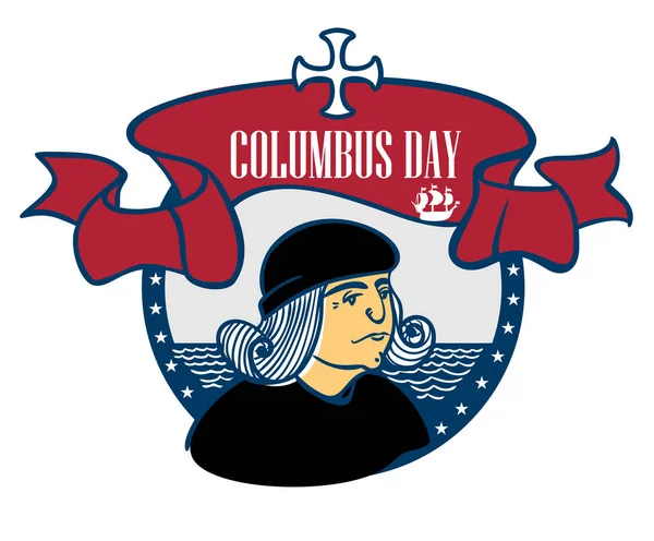 Retrato de Cristóbal Colón, un dibujo estilizado de una mano, la celebración del Día de Colón — Vector de stock