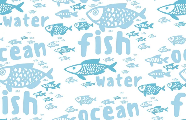 Ilustração cardumes de peixes na água, padrão sem costura — Vetor de Stock