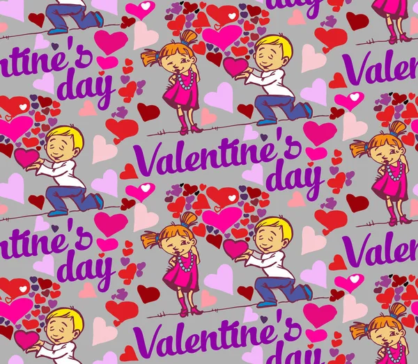 Sömlös bakgrund med texten Valentine's day, rolig älskar barn — Stock vektor