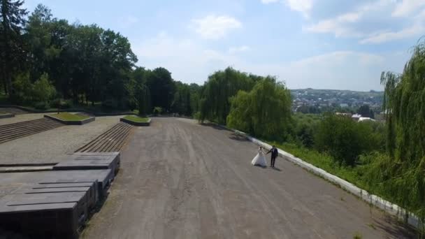 Gli sposi stanno camminando nel parco. Sparatoria da un quadrocopter . — Video Stock