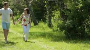 genç bir çift yeşil sahada bahar ya da yaz, genel planı eğleniyor