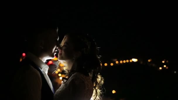 A beautiful castle on a hill. Fortified palace on the rocks at night. Towers with a red-blue backlight. The couple kisses against the background of the castle. — Stock Video