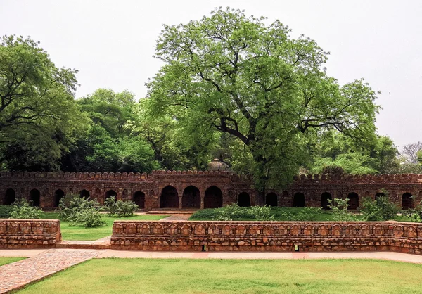 フマーユーン廟-16 世紀のインドの建築のサンプルの近くの公園の木で古代の要塞。デリー、インド. — ストック写真