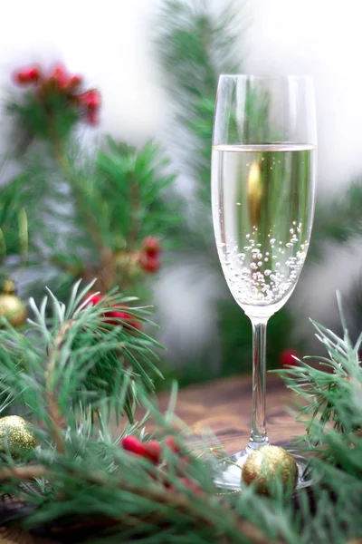 Kerst stil-leven, champaign, pijnboomtakken, rode rowan, gouden — Stockfoto