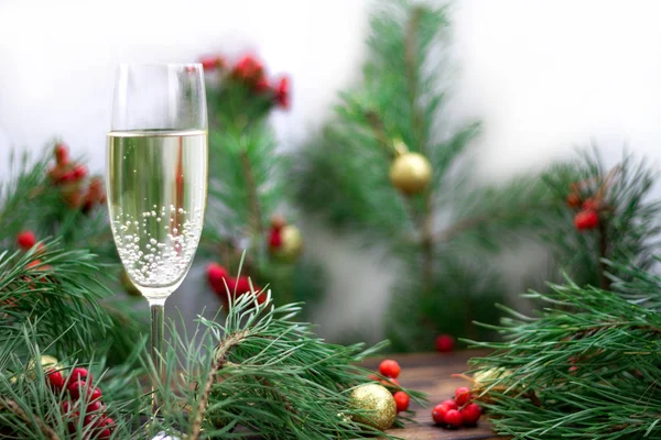 Kerst samenstelling, Champagne glas, pijnboomtakken, rode rowan — Stockfoto
