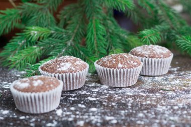 Dört Noel Kek, kış grubunu ahşap arka plan, köknar tr