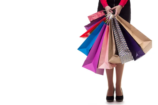 Inferior close-up, standng menina segurando sacos de papel de compras e pac — Fotografia de Stock