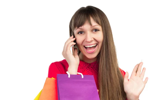Dívka s bankovní kreditní kartou, barevné, nákupní tašky papírové, sma — Stock fotografie