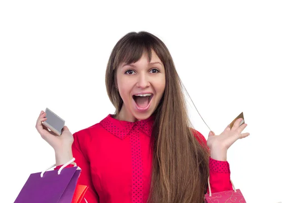 Tiendas de chicas con tarjeta de crédito con paquetes de papel de colores, sm —  Fotos de Stock